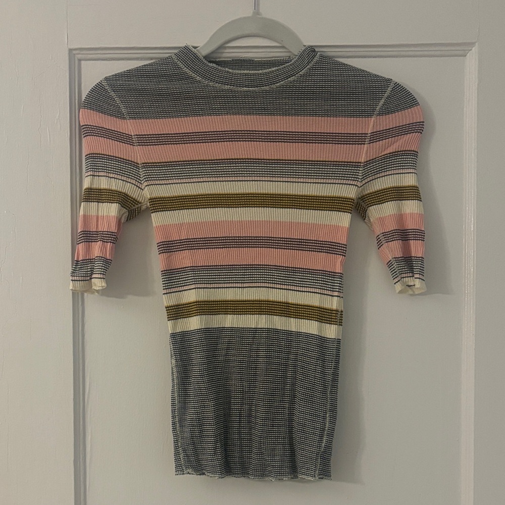 Free People Striped Ribbed Half-Sleeve Top – Size S